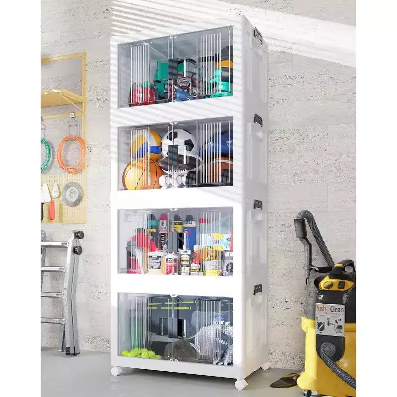 Bacs de rangement empilables 97QT avec couvercles, boîtes de rangement pliables en plastique avec portes et roulettes, conteneurs pliables pour placards, lot de 4 (gris chaud)