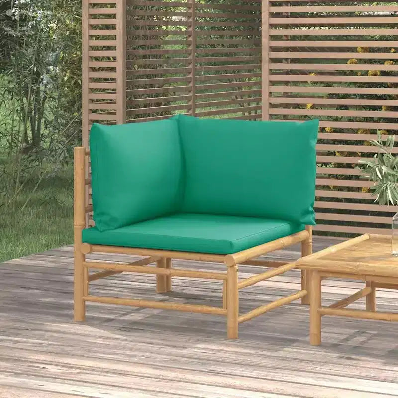 vidaXL Canapé d'angle d'extérieur avec coussins verts Bambou naturel, Confort épais et rembourré, Assemblage facile, Conception modulaire - 69 x 69 x 65 cm