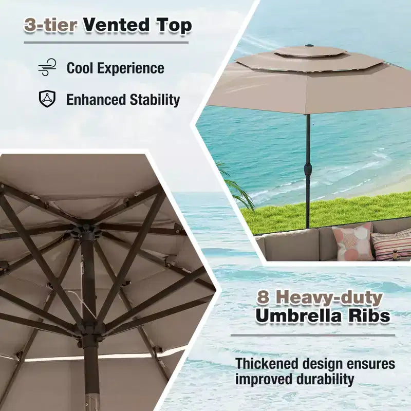 Costway Parasol déporté 3 niveaux 3 m avec évent Parasol de marché grand format pour extérieur Pare-soleil marron/turquoise/bleu marine/beige/gris/rouge/noir