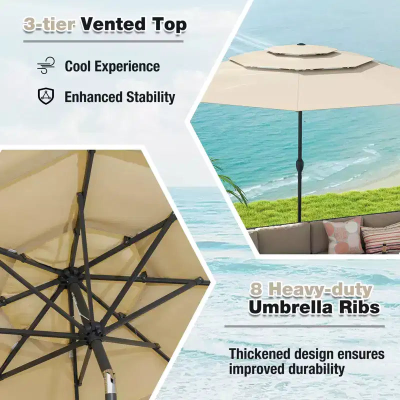 Costway Parasol déporté 3 niveaux 3 m avec évent Parasol de marché grand format pour extérieur Pare-soleil marron/turquoise/bleu marine/beige/gris/rouge/noir