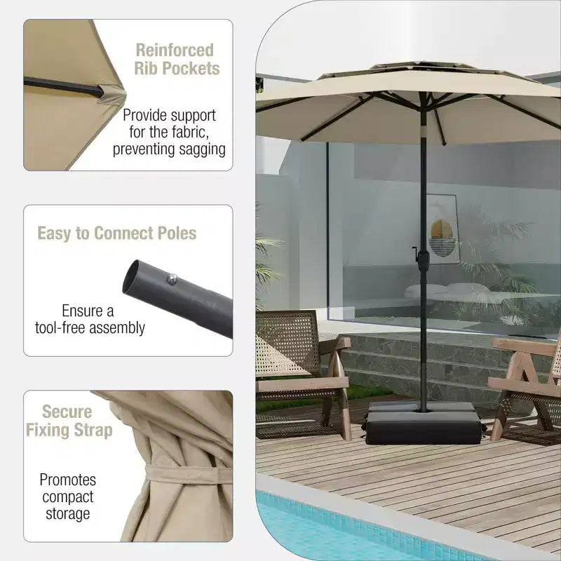 Costway Parasol déporté 3 niveaux 3 m avec évent Parasol de marché grand format pour extérieur Pare-soleil marron/turquoise/bleu marine/beige/gris/rouge/noir