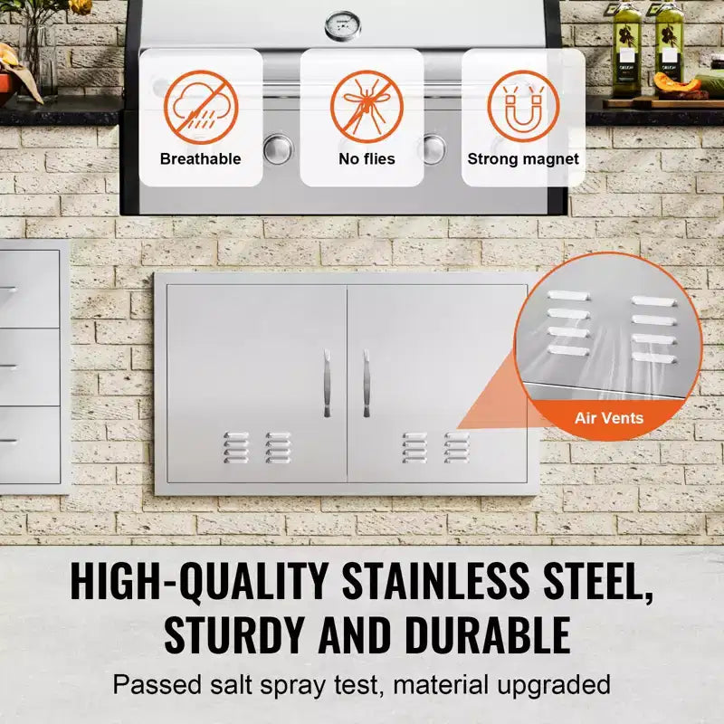 VEVOR Porte d'accès pour Barbecue, Double Porte de Cuisine Extérieure de 36L x 21H Pouces, Porte Encastrée en Acier Inoxydable, Porte Verticale Murale avec Poignées et Évents