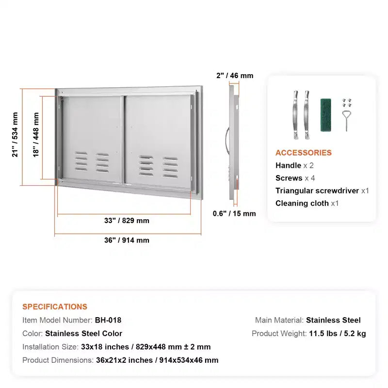 VEVOR Porte d'accès pour Barbecue, Double Porte de Cuisine Extérieure de 36L x 21H Pouces, Porte Encastrée en Acier Inoxydable, Porte Verticale Murale avec Poignées et Évents