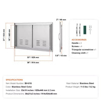 VEVOR Porte d'accès pour Barbecue, Double Porte de Cuisine Extérieure de 36L x 21H Pouces, Porte Encastrée en Acier Inoxydable, Porte Verticale Murale avec Poignées et Évents