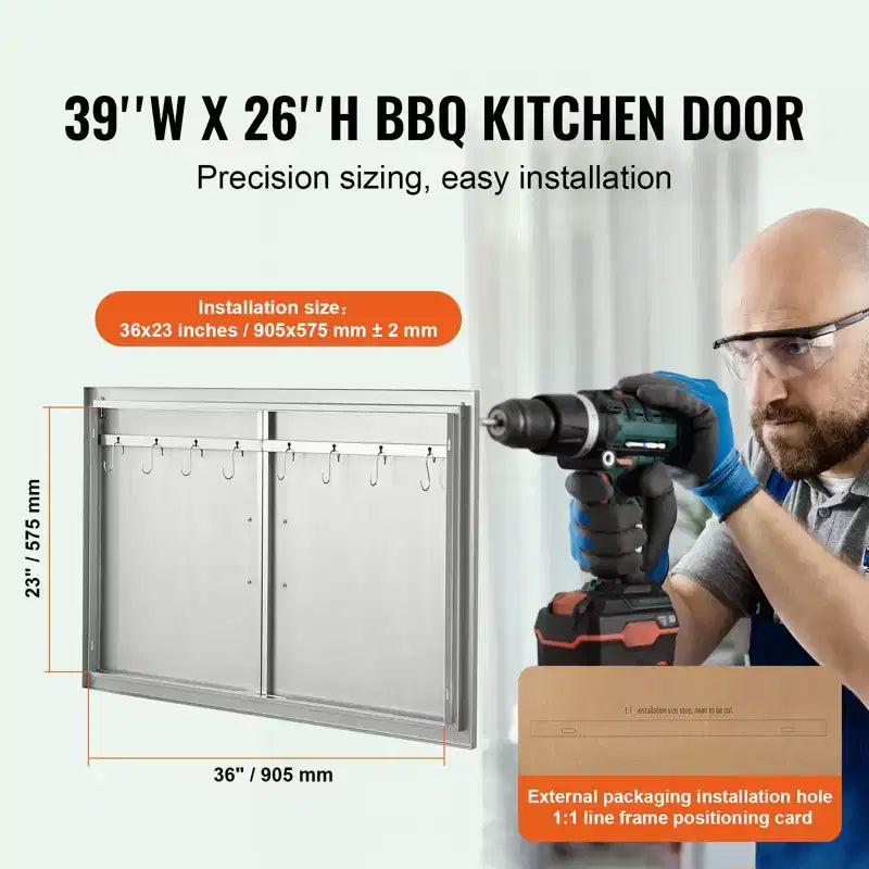 VEVOR Porte d'accès pour Barbecue, 39 x 26 pouces, Double Porte de Cuisine Extérieure, Porte Encastrée en Acier Inoxydable, Porte Murale Verticale avec Poignées et Crochets