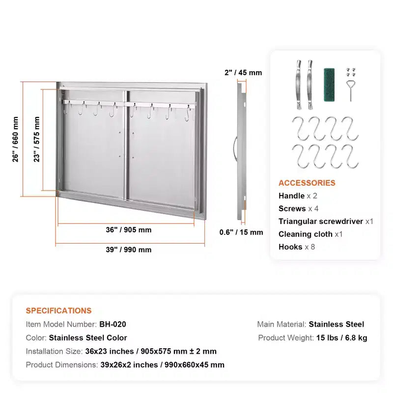 VEVOR Porte d'accès pour Barbecue, 39 x 26 pouces, Double Porte de Cuisine Extérieure, Porte Encastrée en Acier Inoxydable, Porte Murale Verticale avec Poignées et Crochets