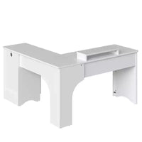Bureau d'angle Bestier de 140 cm avec tiroirs, bureau d'ordinateur de bureau avec coins arrondis, support d'écran et panneaux cannelés, blanc et noyer