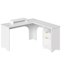 Bureau d'angle Bestier de 140 cm avec tiroirs, bureau d'ordinateur de bureau avec coins arrondis, support d'écran et panneaux cannelés, blanc et noyer