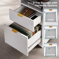 Bureau d'angle Bestier de 140 cm avec tiroirs, bureau d'ordinateur de bureau avec coins arrondis, support d'écran et panneaux cannelés, blanc et noyer