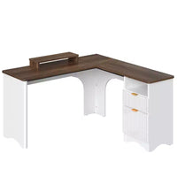 Bureau d'angle Bestier de 140 cm avec tiroirs, bureau d'ordinateur de bureau avec coins arrondis, support d'écran et panneaux cannelés, blanc et noyer