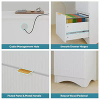 Bureau d'angle Bestier de 140 cm avec tiroirs, bureau d'ordinateur de bureau avec coins arrondis, support d'écran et panneaux cannelés, blanc et noyer