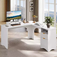 Bureau d'angle Bestier de 140 cm avec tiroirs, bureau d'ordinateur de bureau avec coins arrondis, support d'écran et panneaux cannelés, blanc et noyer