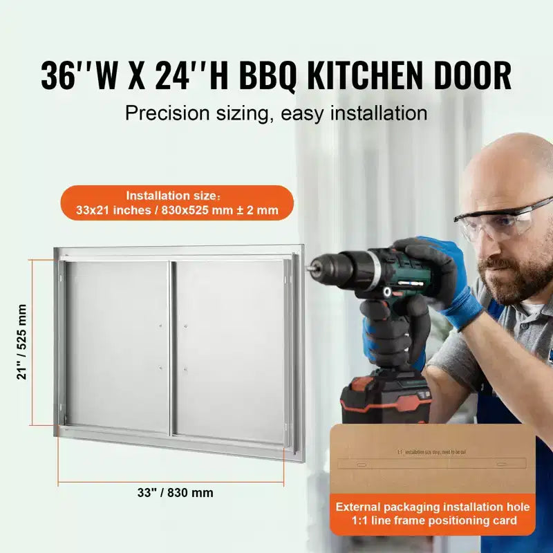 VEVOR Porte d'accès pour barbecue, porte de cuisine extérieure double de 36L x 24H pouces, porte encastrée en acier inoxydable, porte verticale murale avec poignées