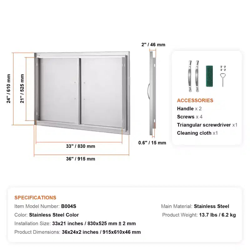 VEVOR Porte d'accès pour barbecue, porte de cuisine extérieure double de 36L x 24H pouces, porte encastrée en acier inoxydable, porte verticale murale avec poignées