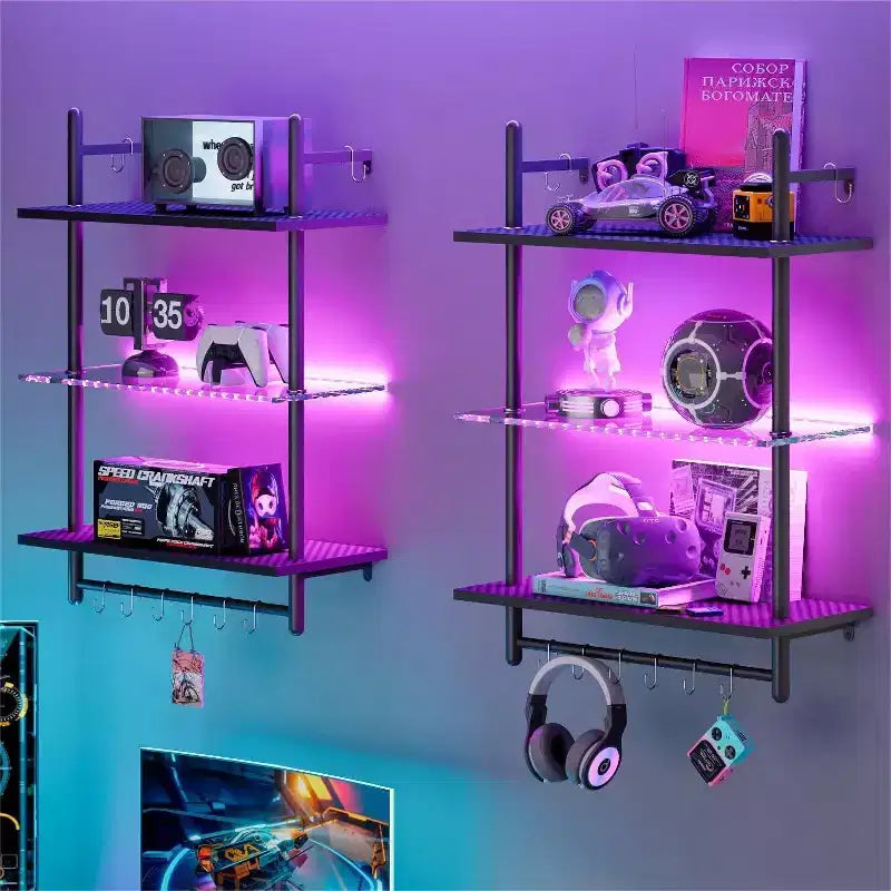 Bestier étagères flottantes 24 avec lumières LED, étagères en verre murales à 3 niveaux avec crochets pour salon, cuisine, salle de bain
