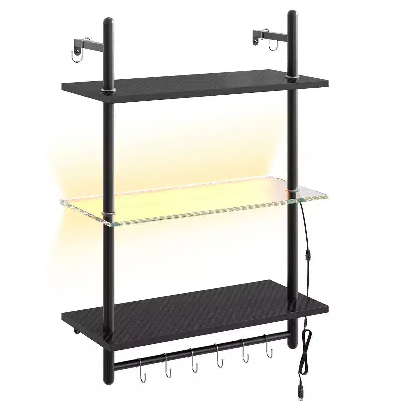 Bestier étagères flottantes 24 avec lumières LED, étagères en verre murales à 3 niveaux avec crochets pour salon, cuisine, salle de bain