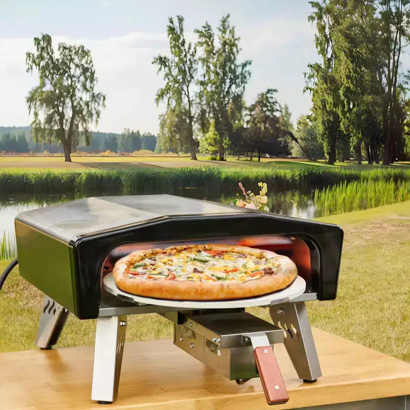 EROMMY Four à pizza à gaz d'extérieur 14 pouces avec pierre rotative motorisee, four à pizza au propane portable pour cuisines extérieures