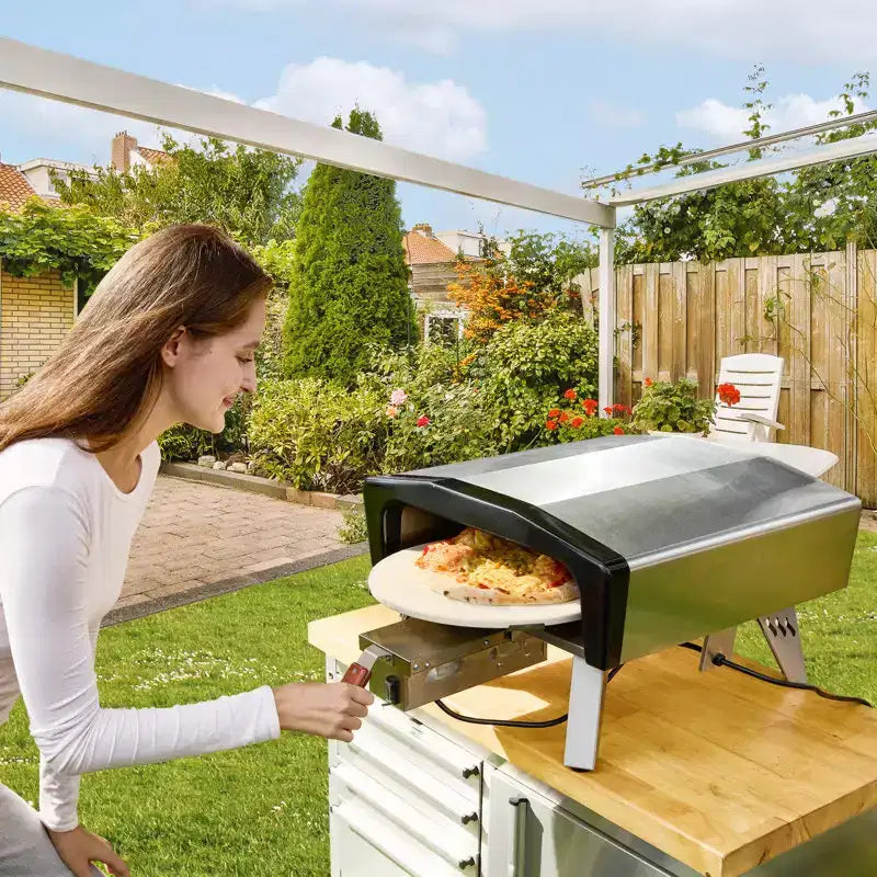 EROMMY Four à pizza à gaz d'extérieur 14 pouces avec pierre rotative motorisee, four à pizza au propane portable pour cuisines extérieures