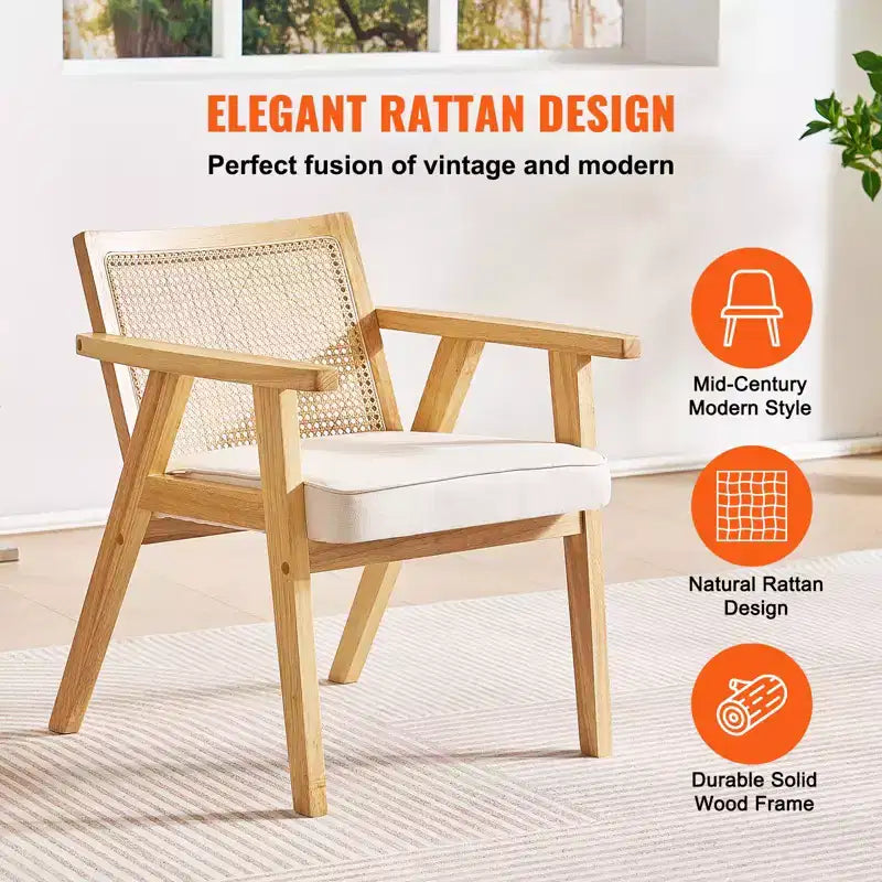 VEVOR fauteuil en rotin mid-century moderne, fauteuil d'appoint rembourré en velours avec dossier en rotin, fauteuil de salon rétro pour salon, chambre, beige