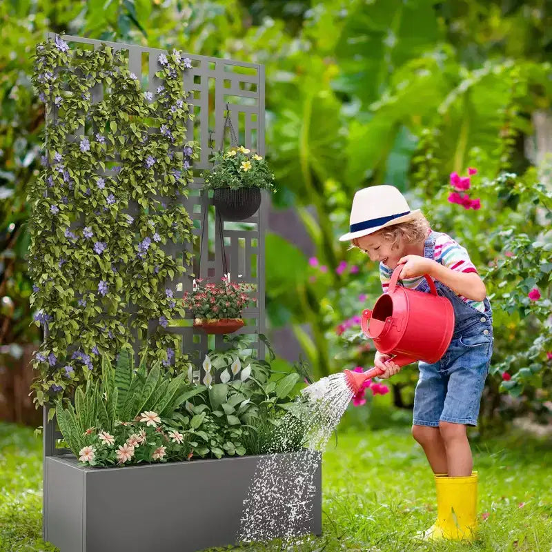 Bac de plantation rectangulaire en metal gris 70,2 po L x 35,1 po l x 15,6 po H avec structure de grimpe (lot de 1)