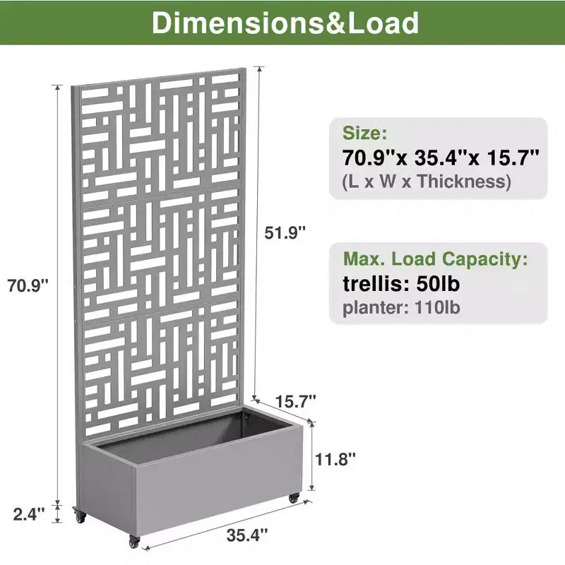 Bac de plantation rectangulaire en metal gris 70,2 po L x 35,1 po l x 15,6 po H avec structure de grimpe (lot de 1)