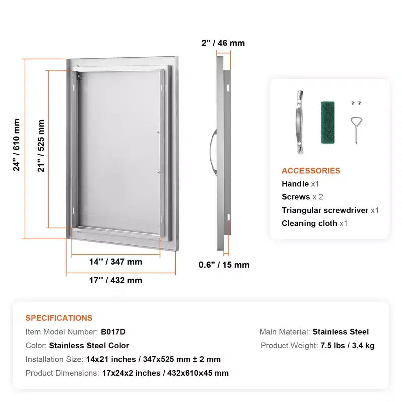 Porte d'accès pour barbecue VEVOR, porte de cuisine extérieure simple de 17W x 24H pouces, porte encastrée en acier inoxydable, porte verticale murale avec poignée