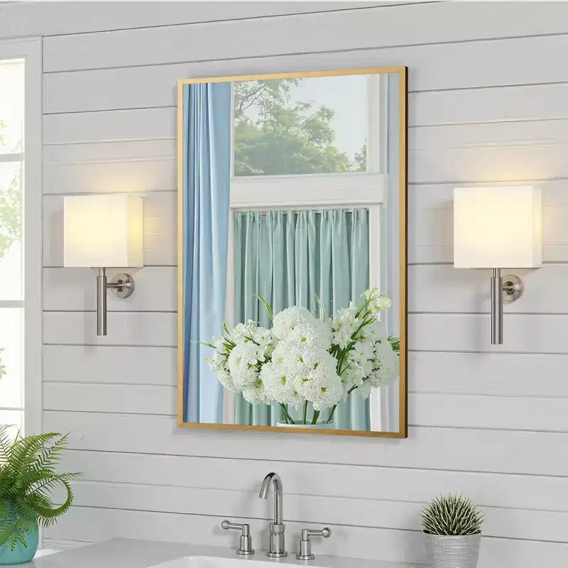 Miroir rectangulaire sophistiqué en aluminium doré de 91 cm avec cadre fin, angles droits, profondeur de 1,5 cm (double face)