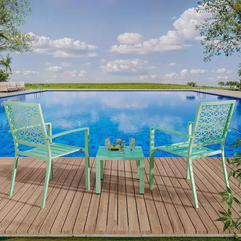 Ensemble bistrot extérieur Acekool 3 pièces avec chaises empilables en métal et table carrée, mobilier de patio compact pour jardin, terrasse, balcon