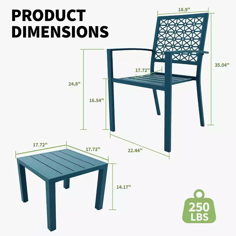 Ensemble bistrot extérieur Acekool 3 pièces avec chaises empilables en métal et table carrée, mobilier de patio compact pour jardin, terrasse, balcon
