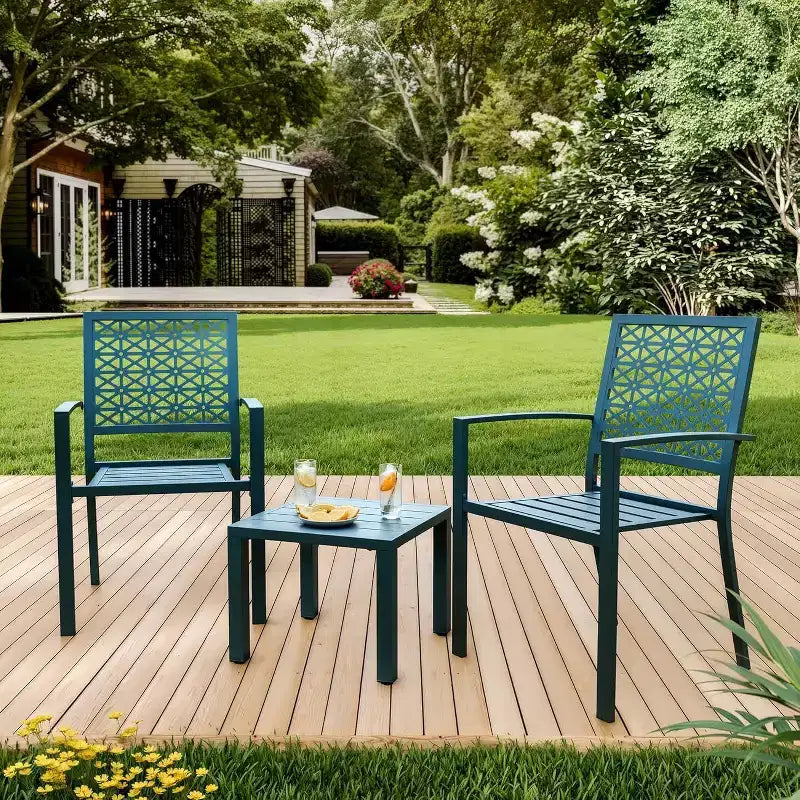 Ensemble bistrot extérieur Acekool 3 pièces avec chaises empilables en métal et table carrée, mobilier de patio compact pour jardin, terrasse, balcon
