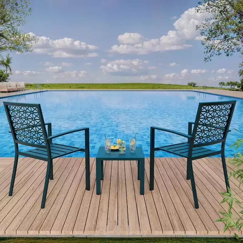 Ensemble bistrot extérieur Acekool 3 pièces avec chaises empilables en métal et table carrée, mobilier de patio compact pour jardin, terrasse, balcon
