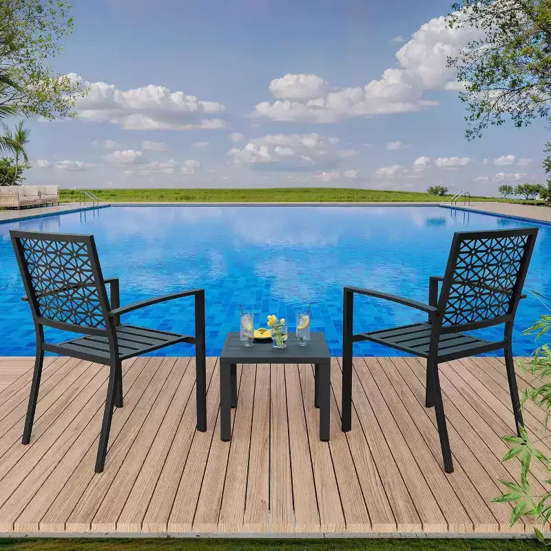 Ensemble bistrot extérieur Acekool 3 pièces avec chaises empilables en métal et table carrée, mobilier de patio compact pour jardin, terrasse, balcon