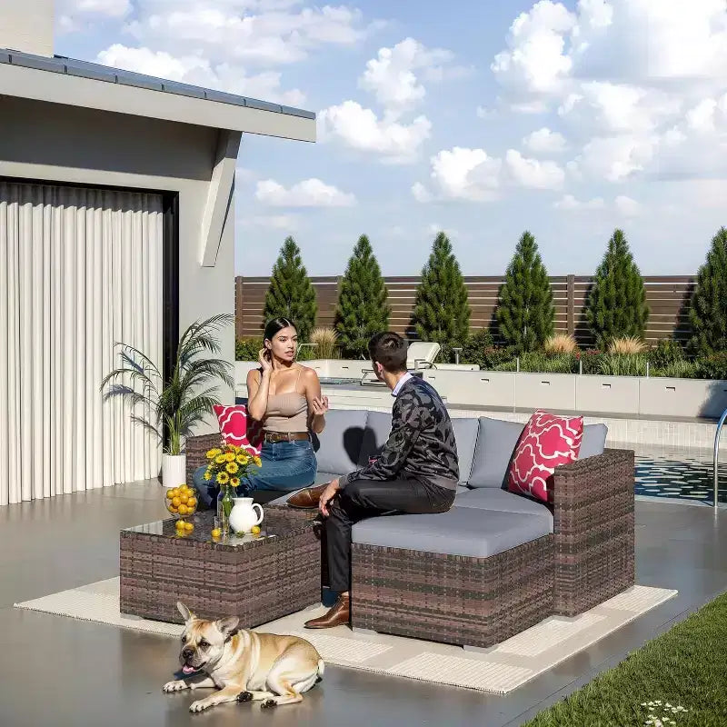 Acekool Salon de jardin en rotin tressé toutes saisons avec canapé d'angle, table basse en verre et coussins moelleux amovibles