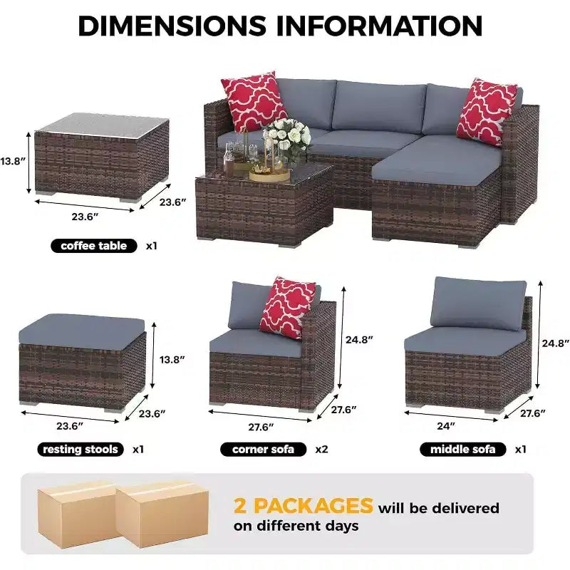 Acekool Salon de jardin en rotin tressé toutes saisons avec canapé d'angle, table basse en verre et coussins moelleux amovibles
