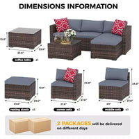 Acekool Salon de jardin en rotin tressé toutes saisons avec canapé d'angle, table basse en verre et coussins moelleux amovibles