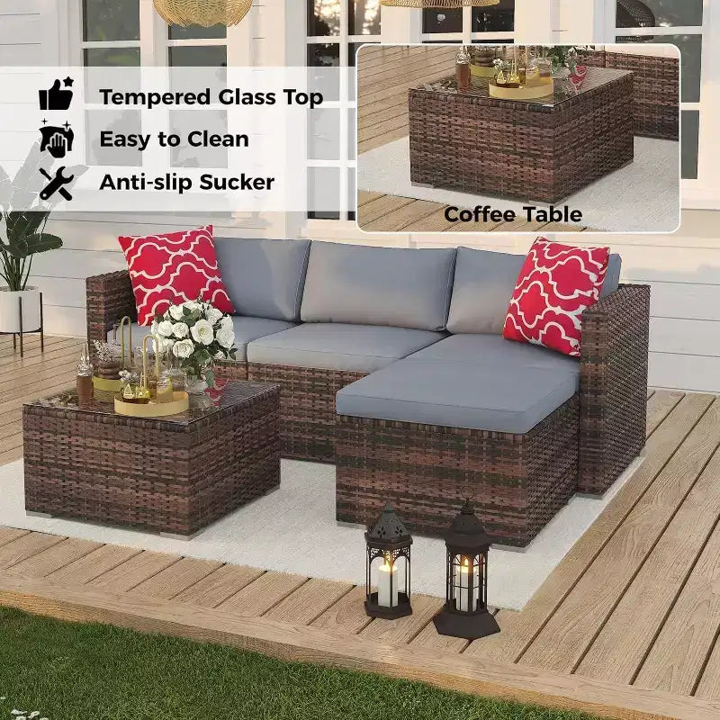 Acekool Salon de jardin en rotin tressé toutes saisons avec canapé d'angle, table basse en verre et coussins moelleux amovibles