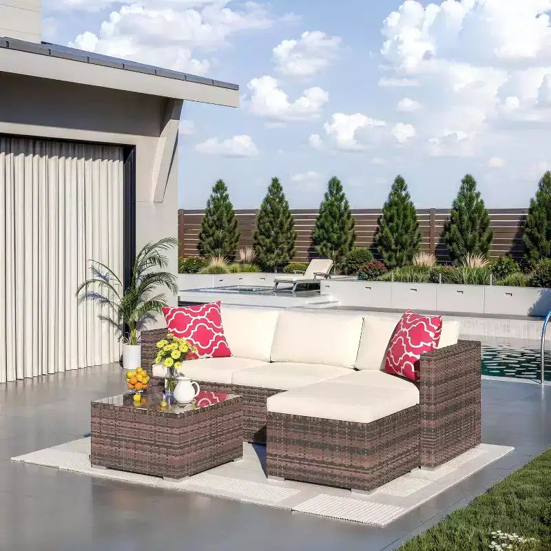 Acekool Salon de jardin en rotin tressé toutes saisons avec canapé d'angle, table basse en verre et coussins moelleux amovibles