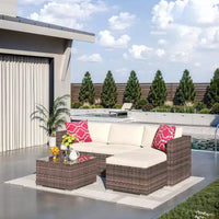 Acekool Salon de jardin en rotin tressé toutes saisons avec canapé d'angle, table basse en verre et coussins moelleux amovibles