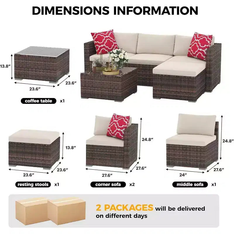 Acekool Salon de jardin en rotin tressé toutes saisons avec canapé d'angle, table basse en verre et coussins moelleux amovibles