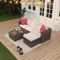 Acekool Salon de jardin en rotin tressé toutes saisons avec canapé d'angle, table basse en verre et coussins moelleux amovibles