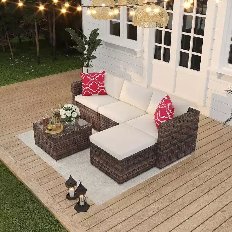 Acekool Salon de jardin en rotin tressé toutes saisons avec canapé d'angle, table basse en verre et coussins moelleux amovibles