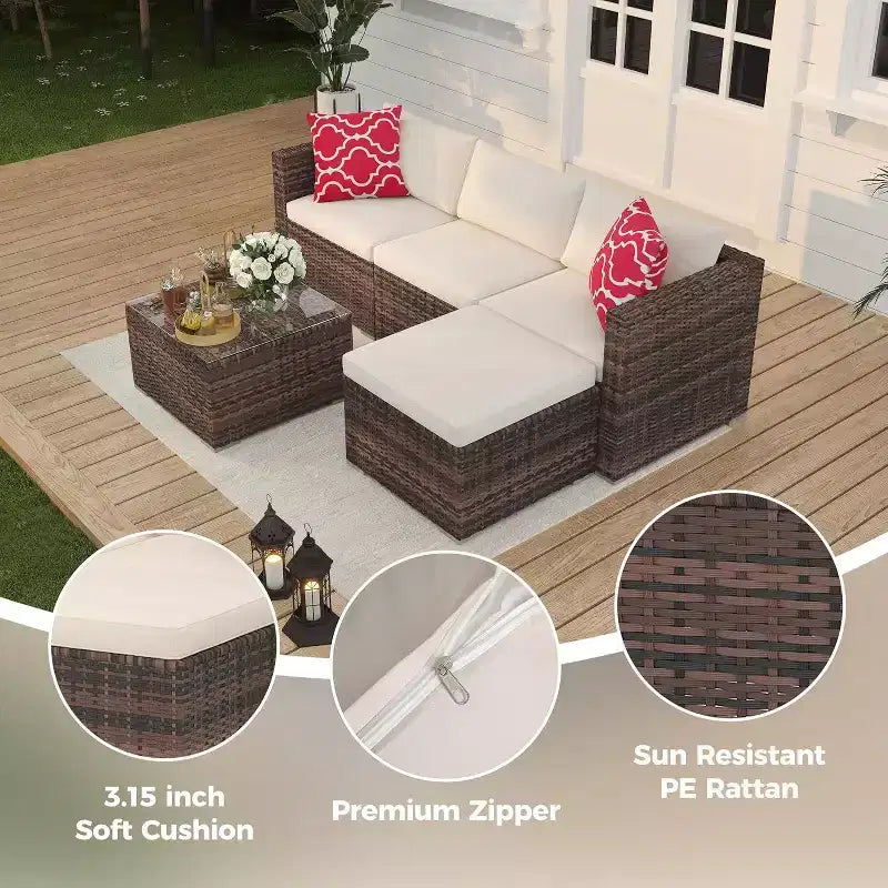 Acekool Salon de jardin en rotin tressé toutes saisons avec canapé d'angle, table basse en verre et coussins moelleux amovibles
