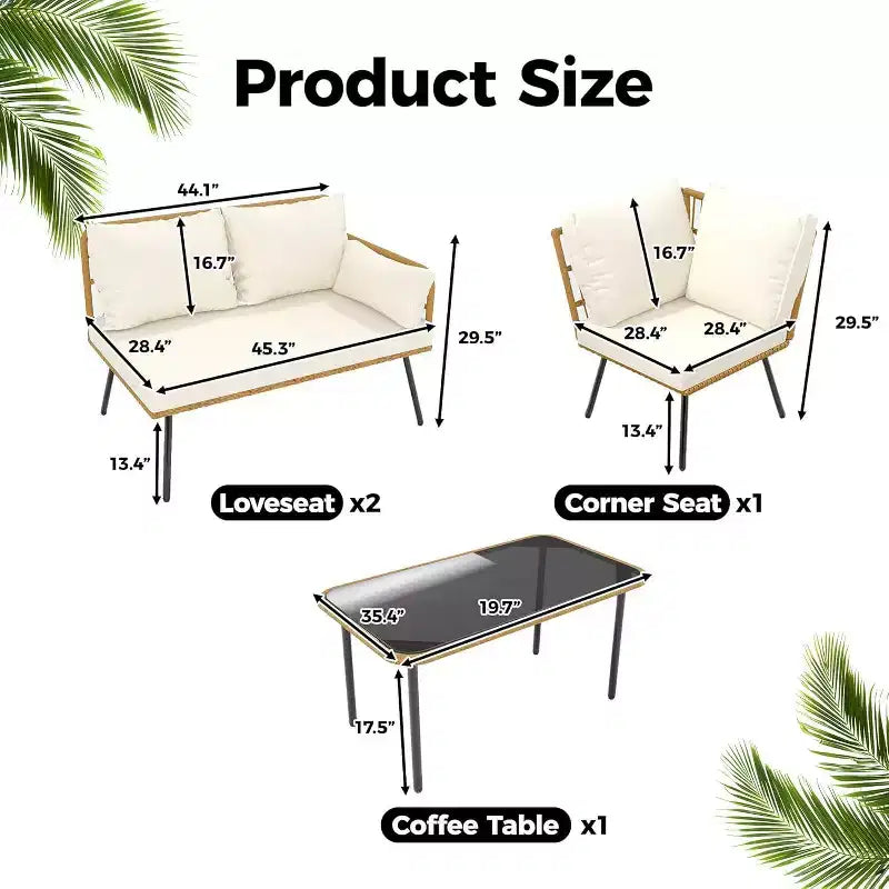 Acekool Salon de jardin en rotin tressé toutes saisons avec canapé d'angle, table basse en verre et coussins moelleux amovibles