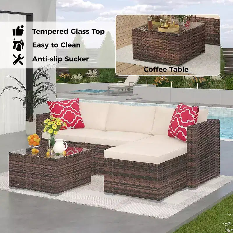 Acekool Salon de jardin en rotin tressé toutes saisons avec canapé d'angle, table basse en verre et coussins moelleux amovibles
