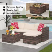 Acekool Salon de jardin en rotin tressé toutes saisons avec canapé d'angle, table basse en verre et coussins moelleux amovibles