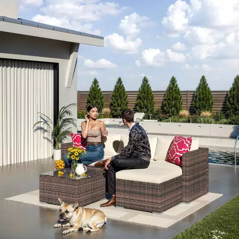 Acekool Salon de jardin en rotin tressé toutes saisons avec canapé d'angle, table basse en verre et coussins moelleux amovibles