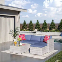 Acekool Salon de jardin en rotin tressé toutes saisons avec canapé d'angle, table basse en verre et coussins moelleux amovibles