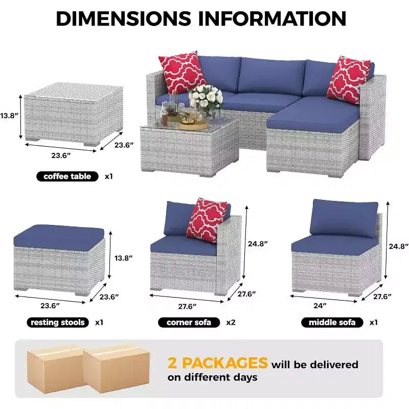 Acekool Salon de jardin en rotin tressé toutes saisons avec canapé d'angle, table basse en verre et coussins moelleux amovibles