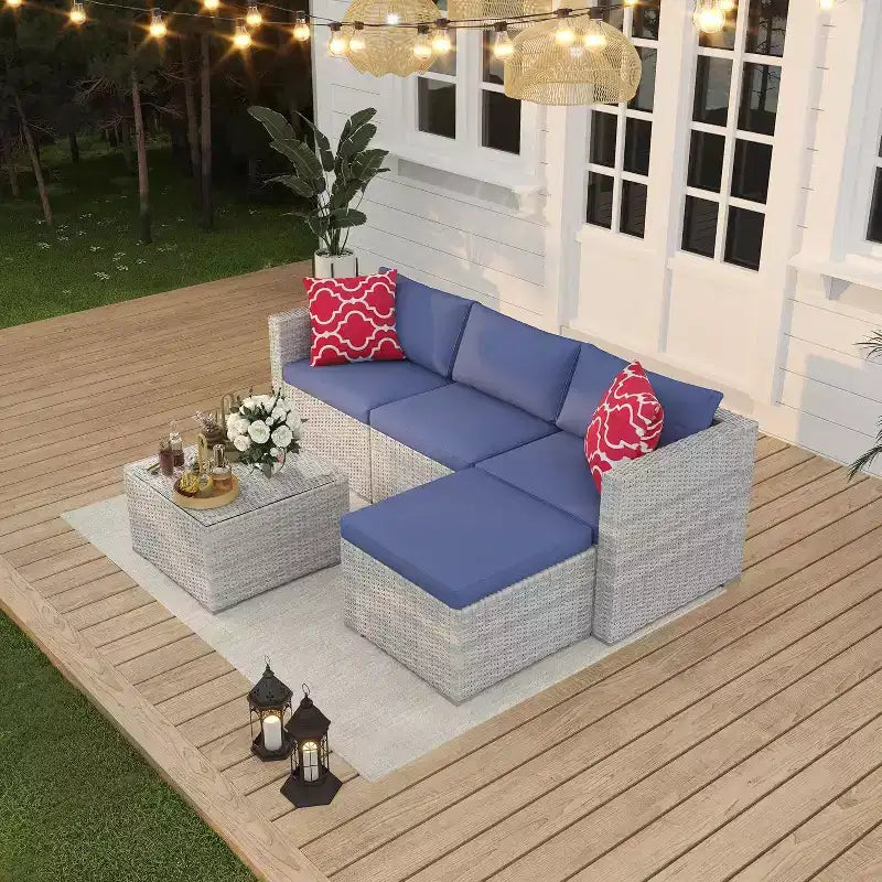 Acekool Salon de jardin en rotin tressé toutes saisons avec canapé d'angle, table basse en verre et coussins moelleux amovibles