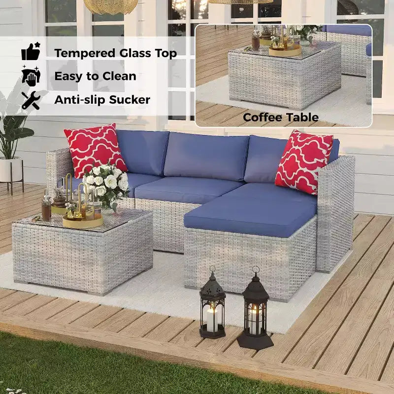 Acekool Salon de jardin en rotin tressé toutes saisons avec canapé d'angle, table basse en verre et coussins moelleux amovibles